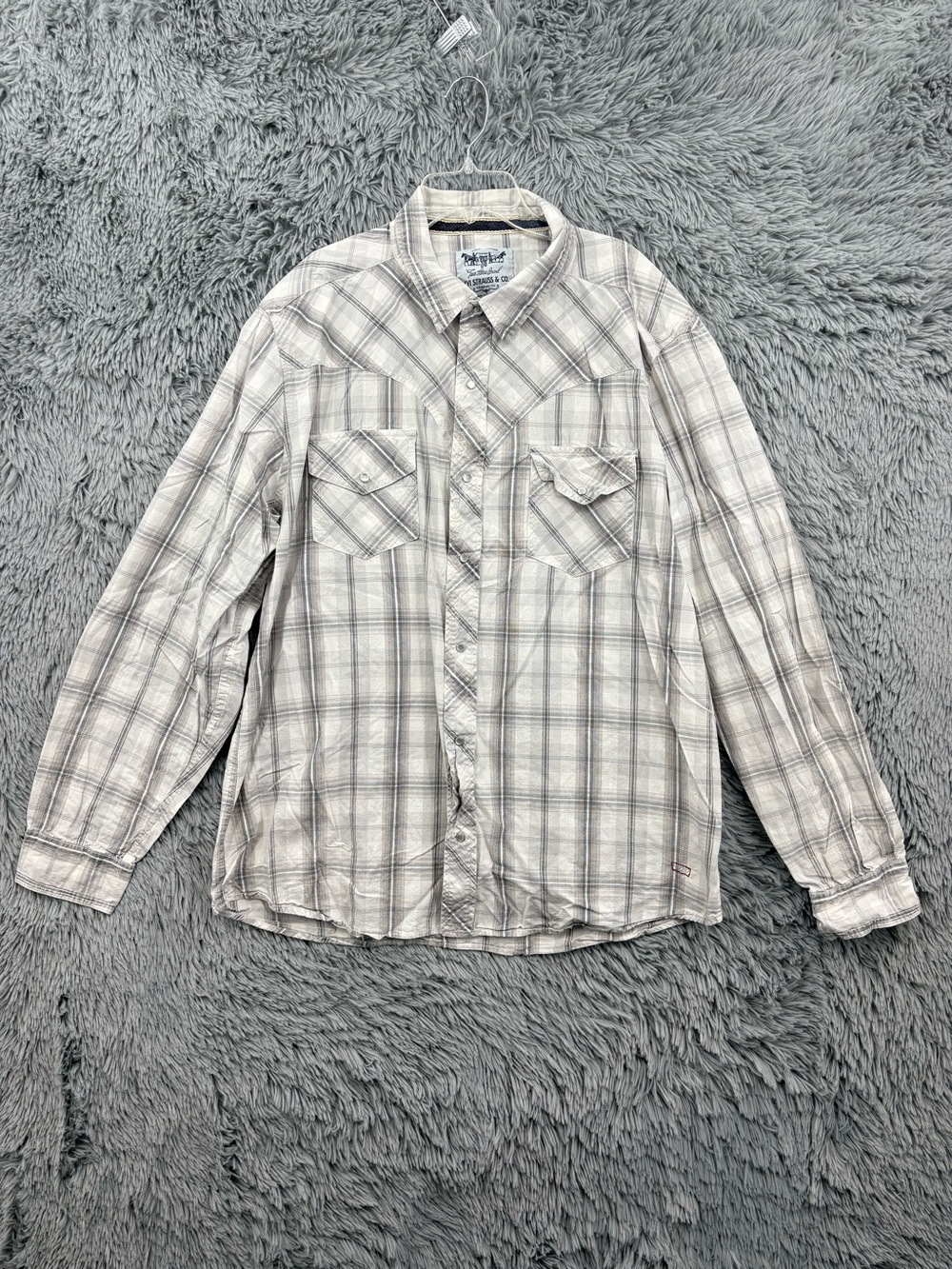 Levi Strauss Pearl Snap Shirt Mens XXL Gray White Western Long Sleeve Plaid